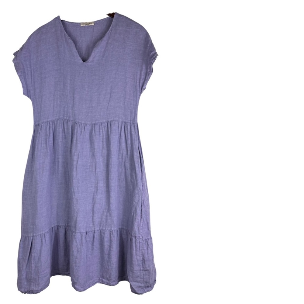Francesca Bettini Italy Small Dress 100% LINEN Lilac Purple Tiered V-Neck Flowy